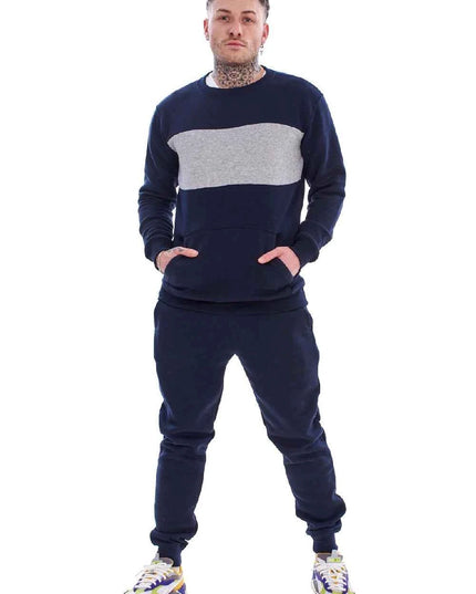 Men's Panelled Tracksuit Fleece Crew Neck Sweatshirt & Cotton Joggers