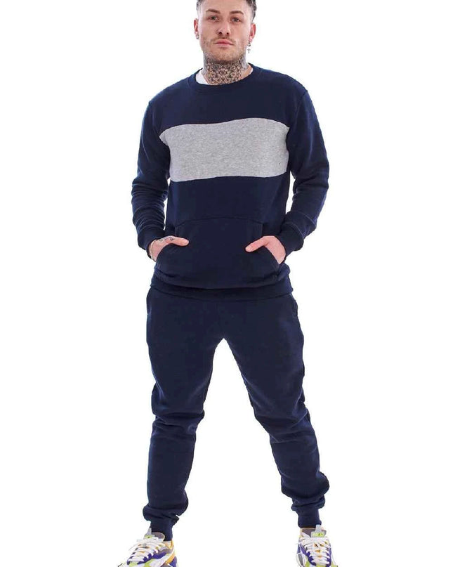 Men's Panelled Tracksuit Fleece Crew Neck Sweatshirt & Cotton Joggers