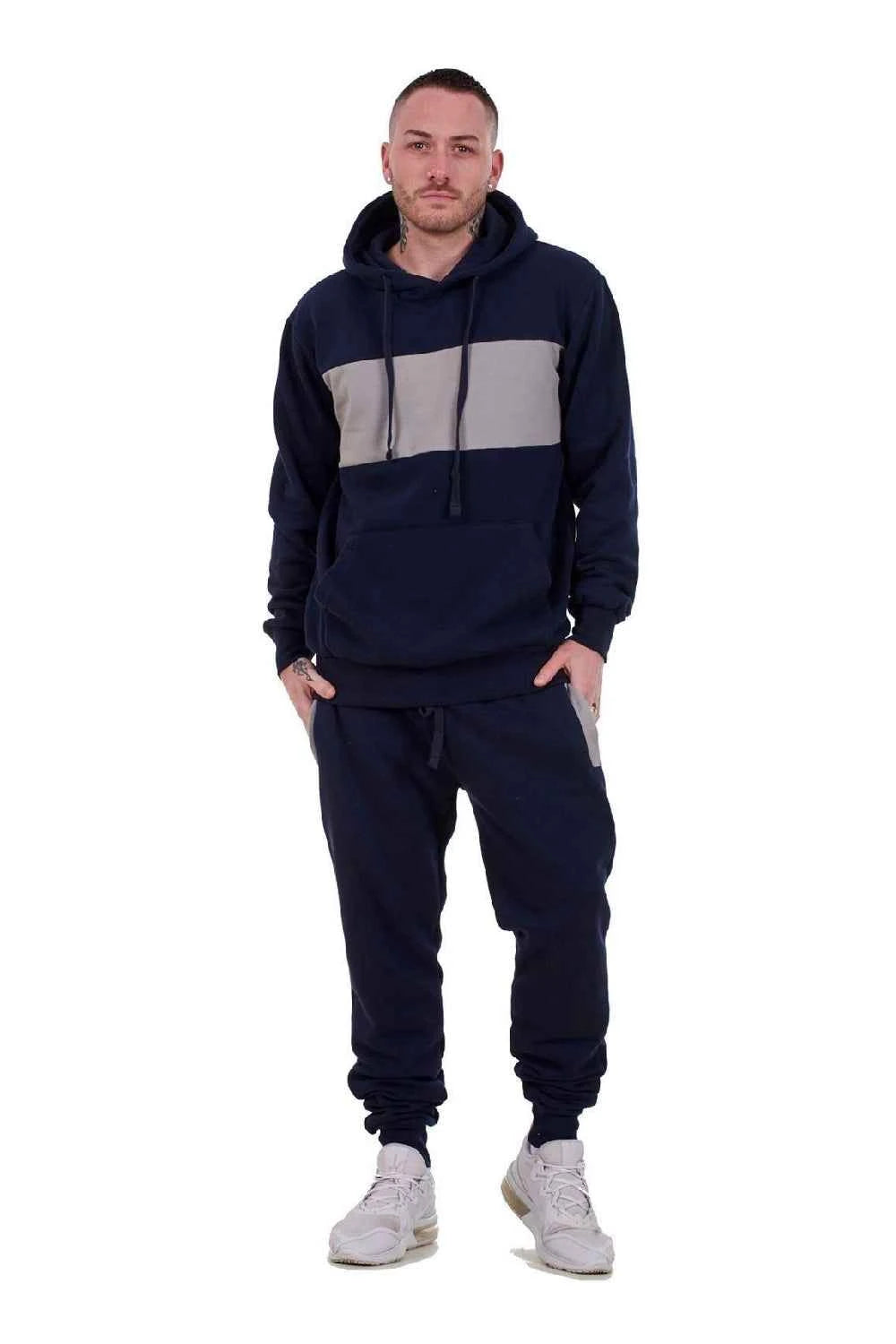 Mens Tracksuit Fleece Pullover Hooded Front Stripe