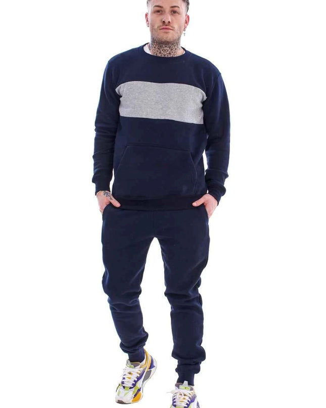Men's Panelled Tracksuit Fleece Crew Neck Sweatshirt & Cotton Joggers