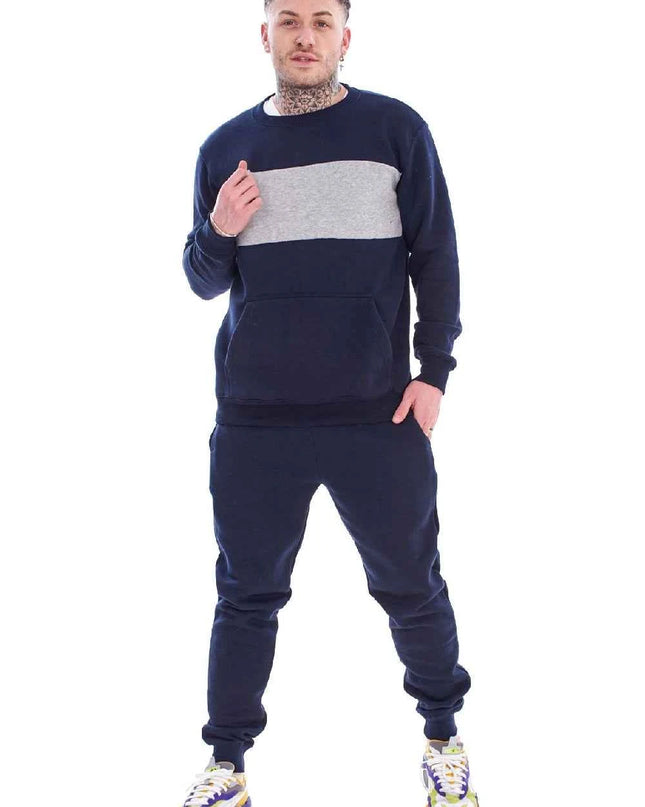 Men's Panelled Tracksuit Fleece Crew Neck Sweatshirt & Cotton Joggers