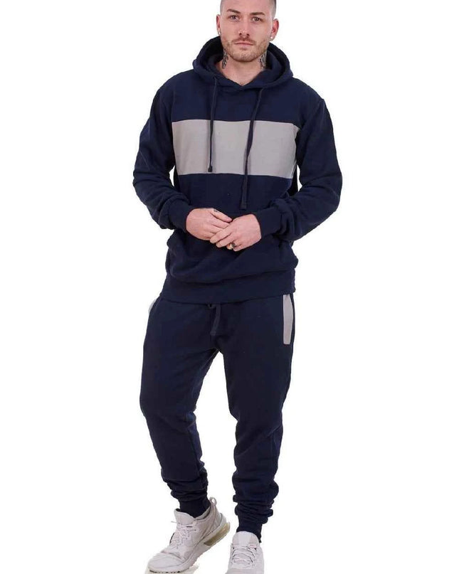Mens Tracksuit Fleece Pullover Hooded Front Stripe