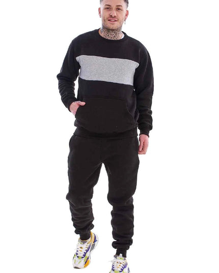 Men's Panelled Tracksuit Fleece Crew Neck Sweatshirt & Cotton Joggers