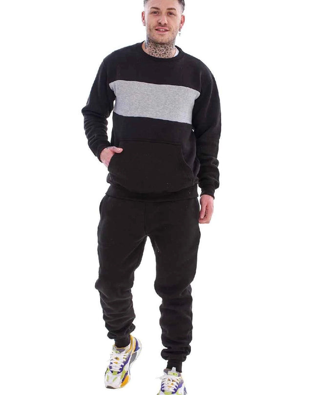 Men's Panelled Tracksuit Fleece Crew Neck Sweatshirt & Cotton Joggers