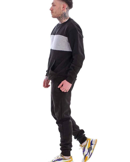 Men's Panelled Tracksuit Fleece Crew Neck Sweatshirt & Cotton Joggers