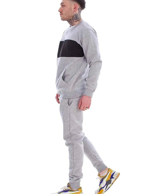 Men's Panelled Tracksuit Fleece Crew Neck Sweatshirt & Cotton Joggers