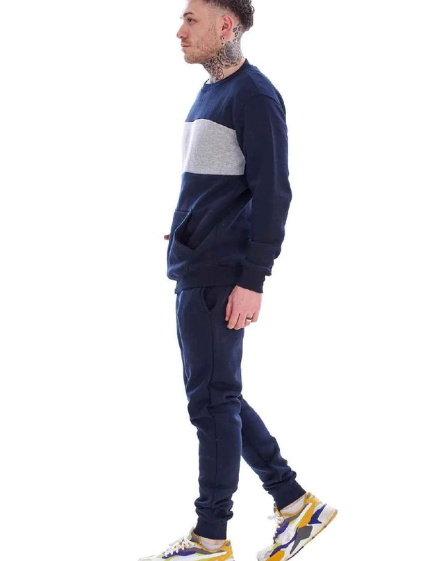Men's Panelled Tracksuit Fleece Crew Neck Sweatshirt & Cotton Joggers