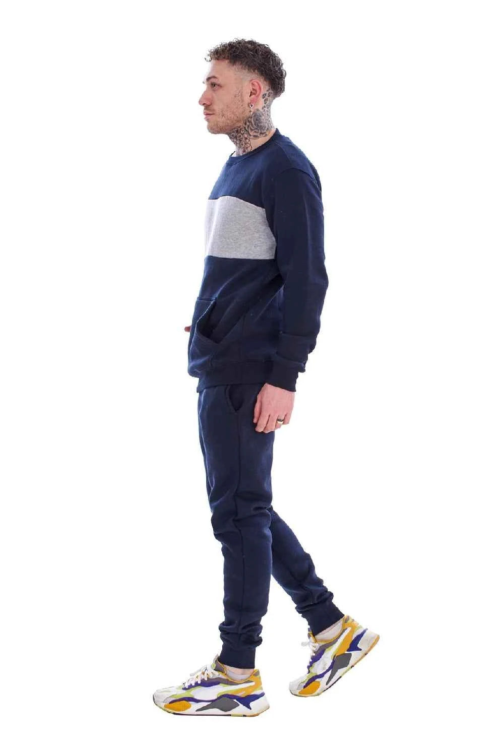 Men's Panelled Tracksuit Fleece Crew Neck Sweatshirt & Cotton Joggers